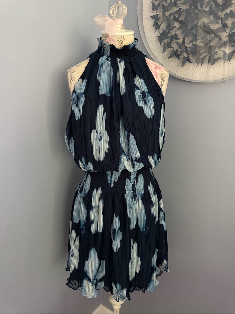 🆕 Ramy Brook Janie Navy Blue Floral Halter Mini Dress